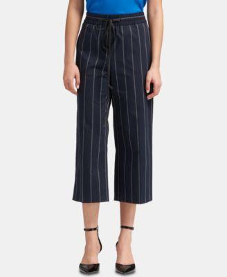 Dkny Striped Wide-Leg Cropped Pants with Faux-Leather Tie - Black S - TopLine Fashion Lounge