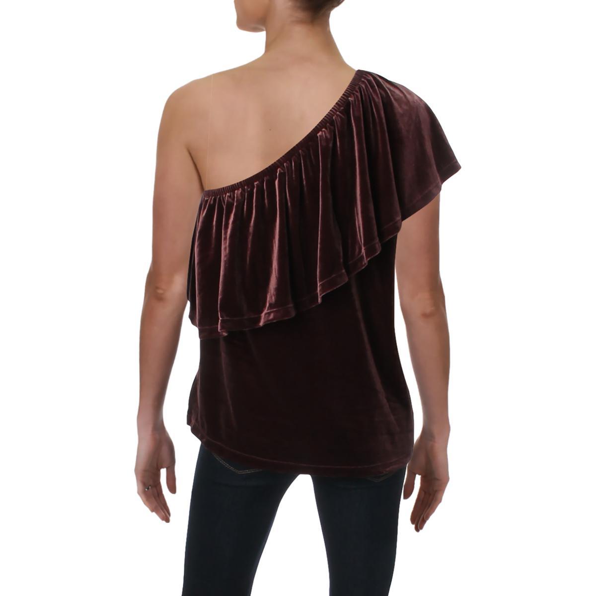 RALPH LAUREN Womens Burgundy One Shoulder Velvet Asymmetrical Neckline Top - TopLine Fashion Lounge