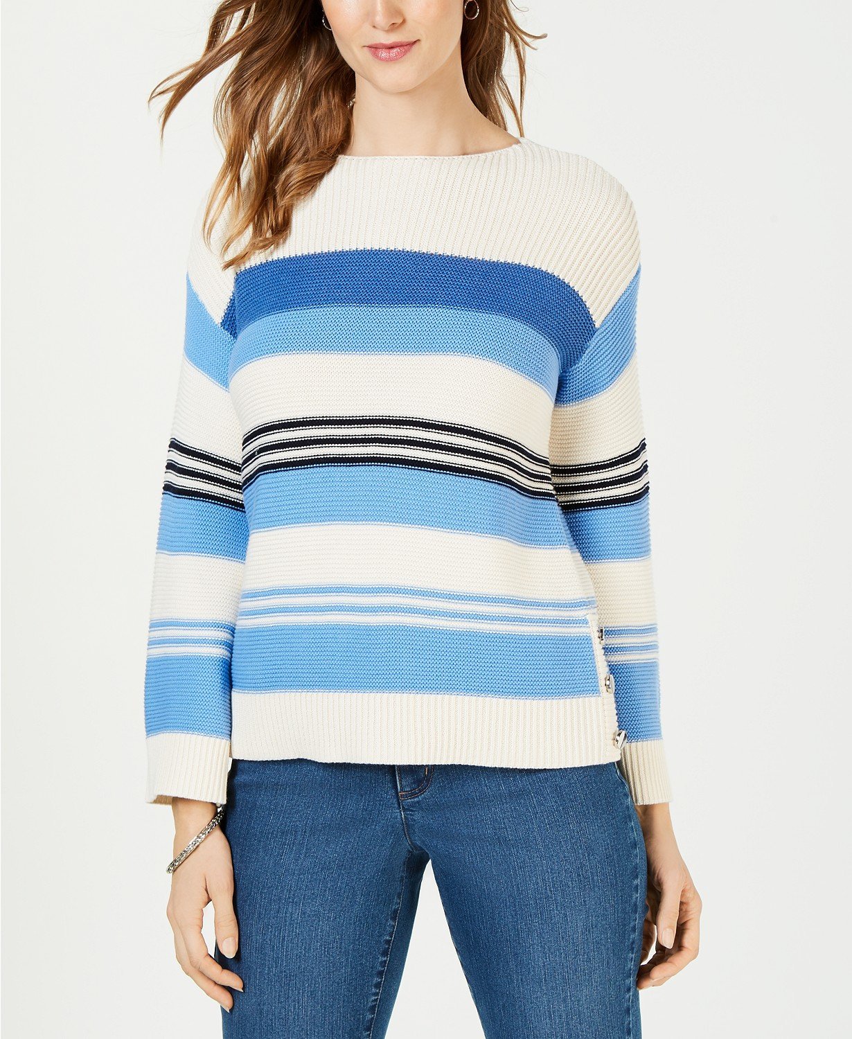 Charter Club Striped Button-Trim Sweater Admiral Navy S - TopLine Fashion Lounge